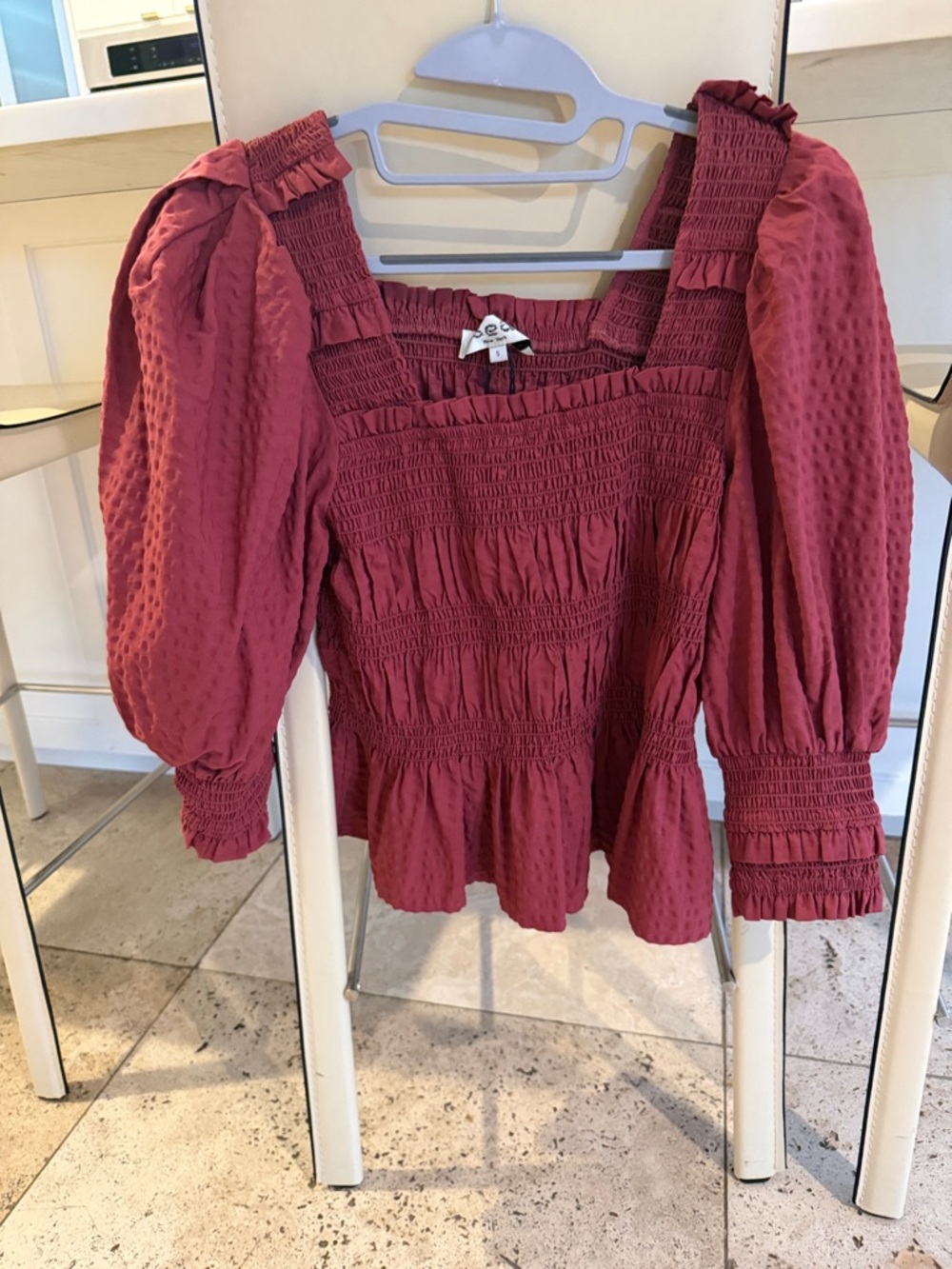 Sea New York Smocked Square-Neck Blouse in Dusty Rose